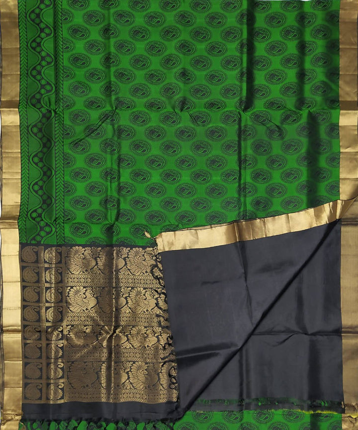 Black with green handloom soft silk peacock motifs saree