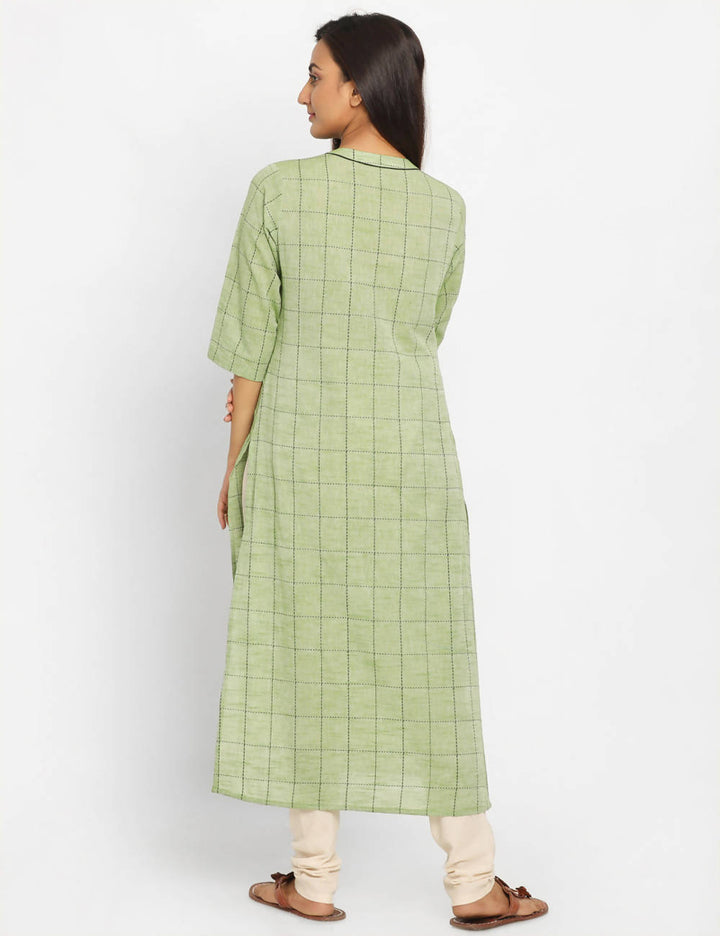 Green Checks Handwoven Cotton Kurta Dress