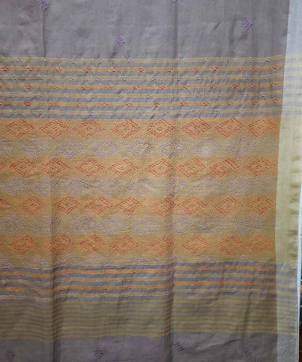 Taupe hand embroidery bengal handwoven cotton saree