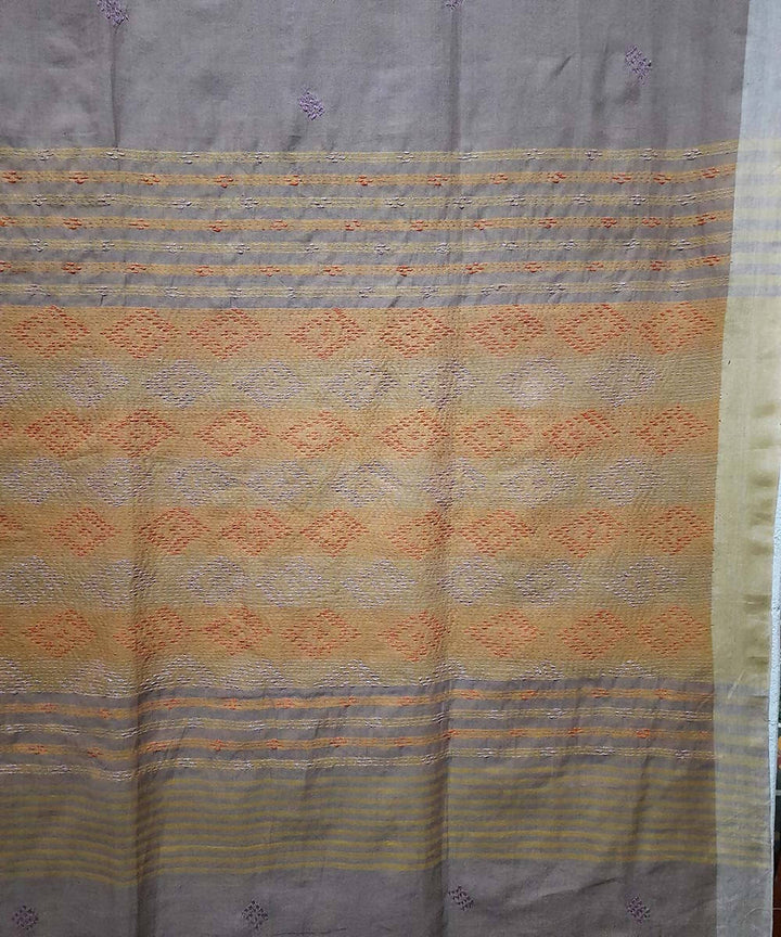Taupe hand embroidery bengal handwoven cotton saree
