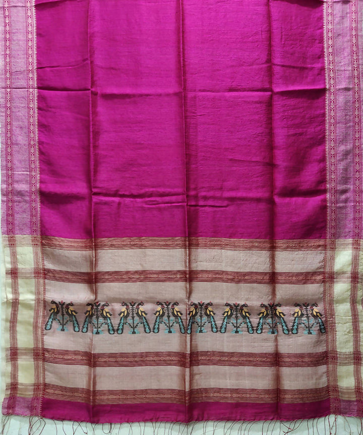 Pink handwoven matka and tussar silk saree