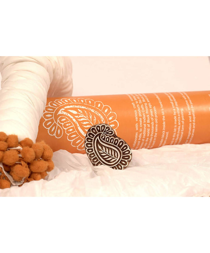 Handmade Wooden Paisley Block Print DIY Craft Kit Dupatta (Orange)