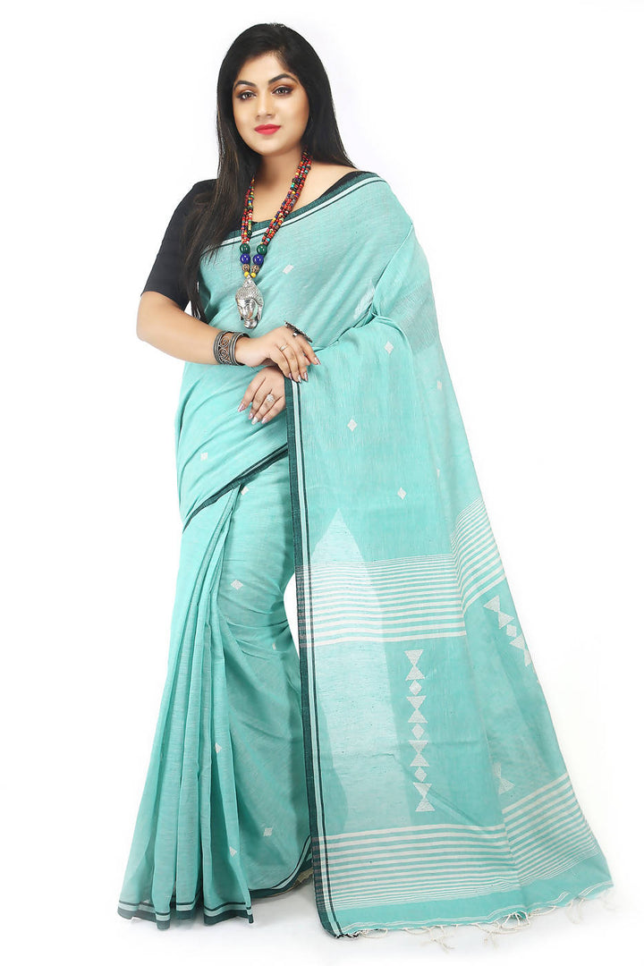 Handloom bengal sky blue cotton jamdani saree