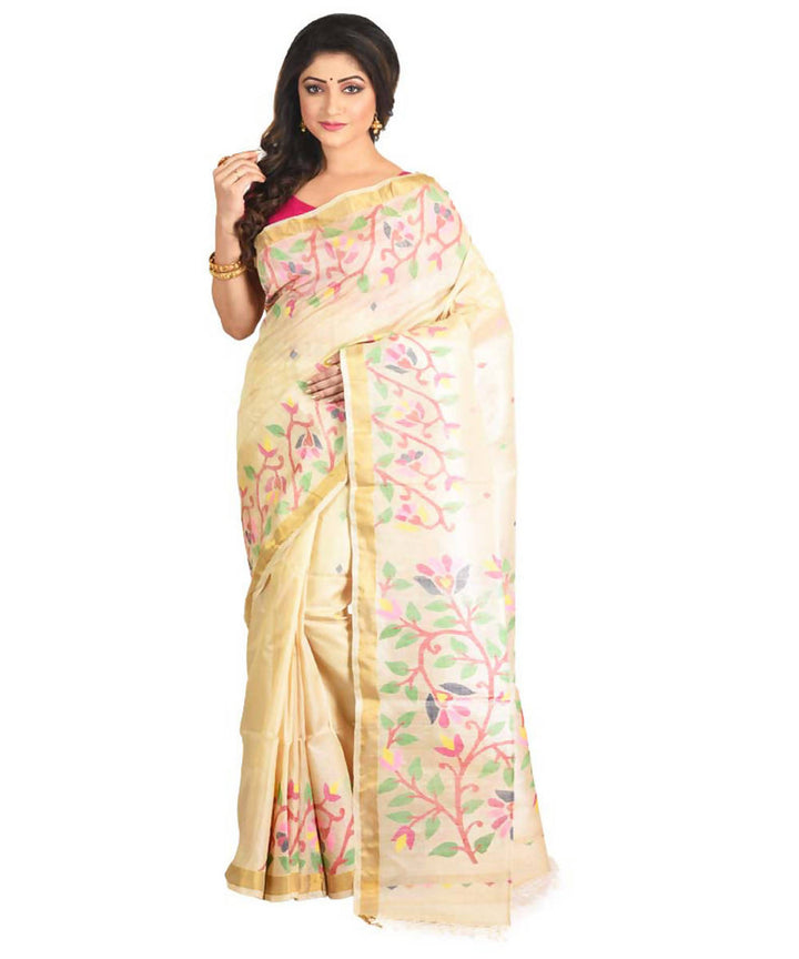 Resham shilpi bengal tasar cream saree with handwoven jamdani work
