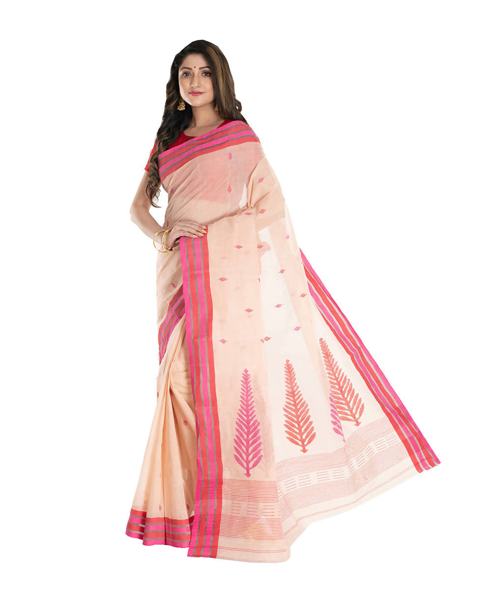 Brown red handwoven cotton bengal saree