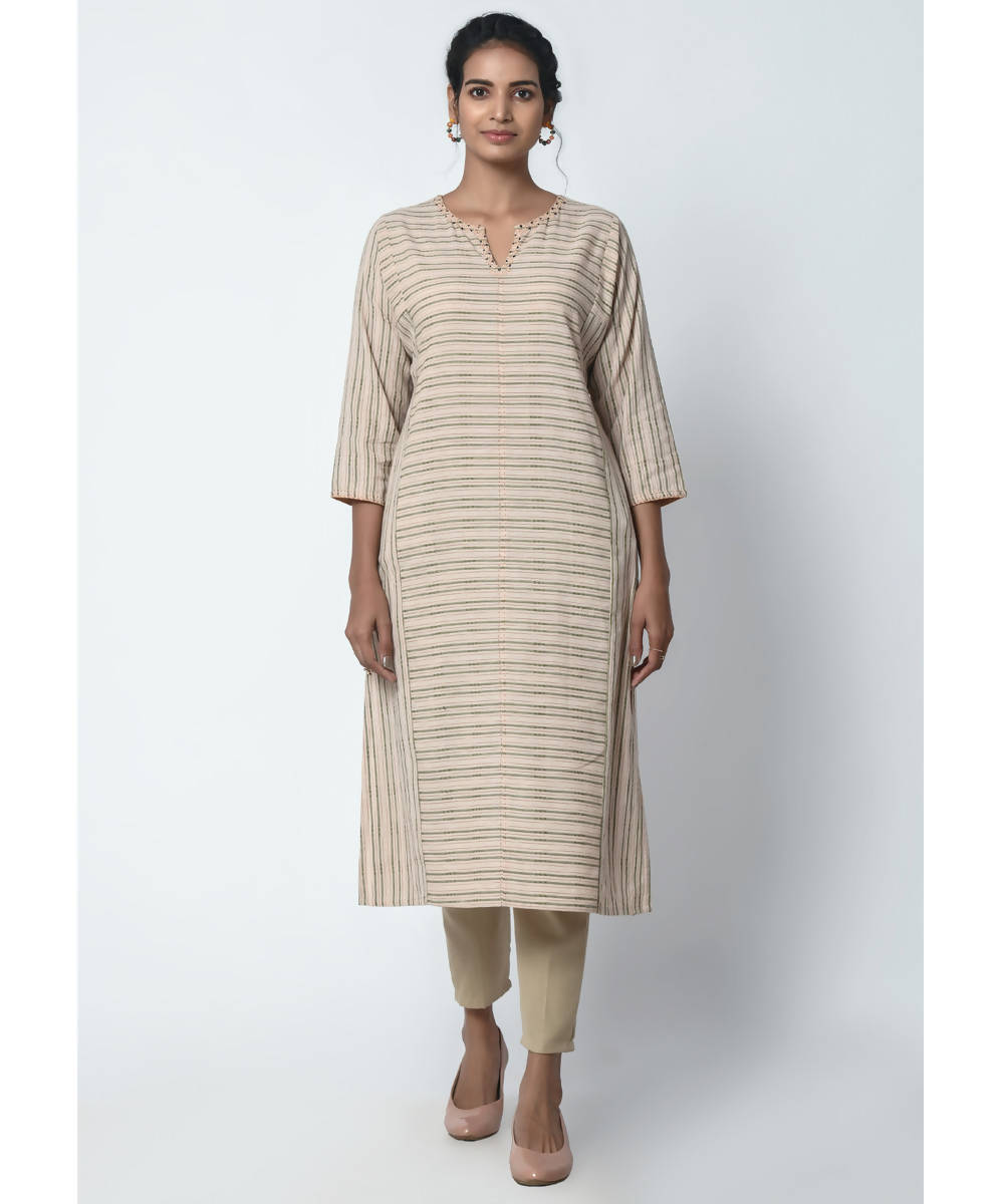 Beige Stripe Hand Embroidered Cotton Kurta