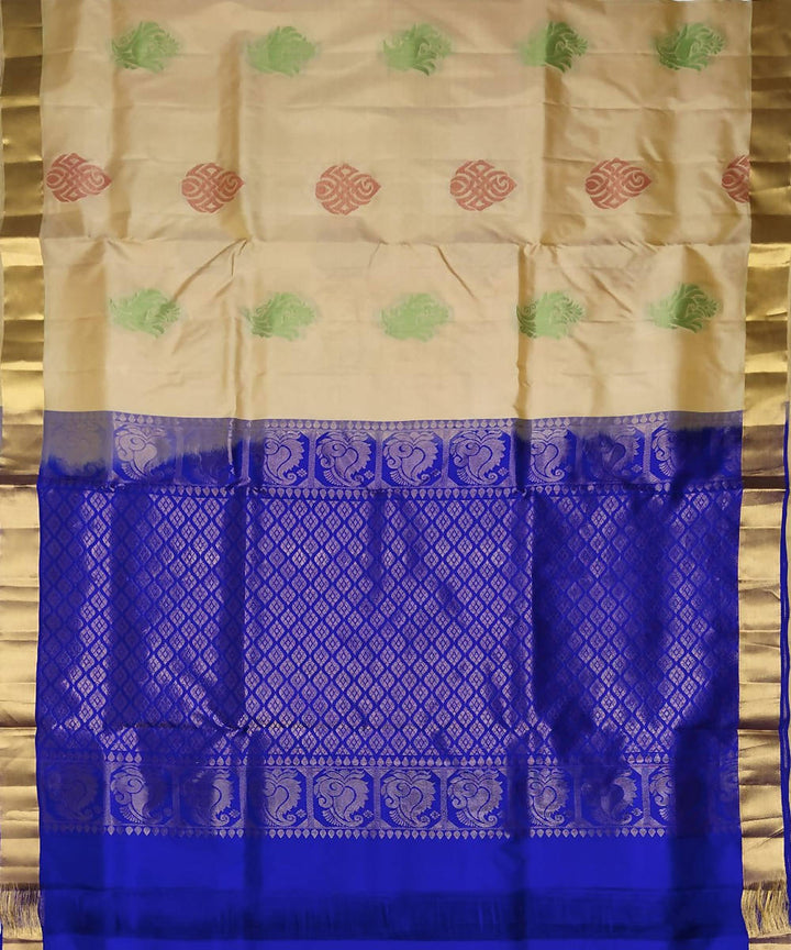 Cream and blue handloom soft silk saree