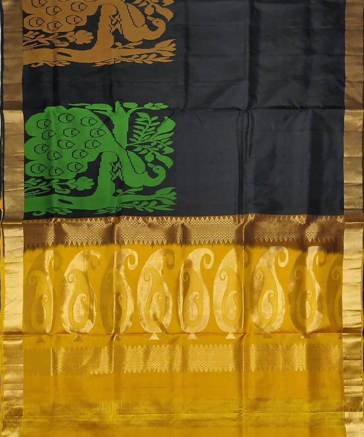 Black with elaborate peacock motifs handloom soft silk saree