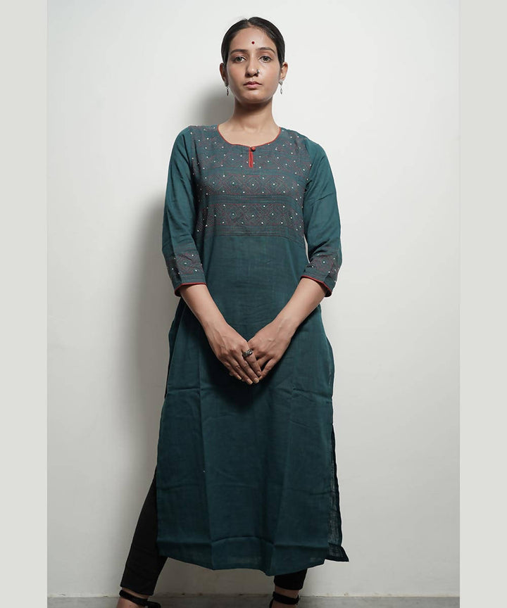 Green tanka work long cotton kurta