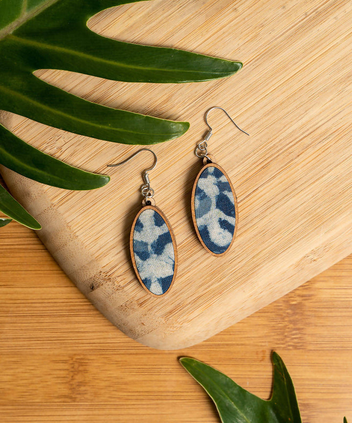 Blue handcrafted fabric and mdf oval earring
