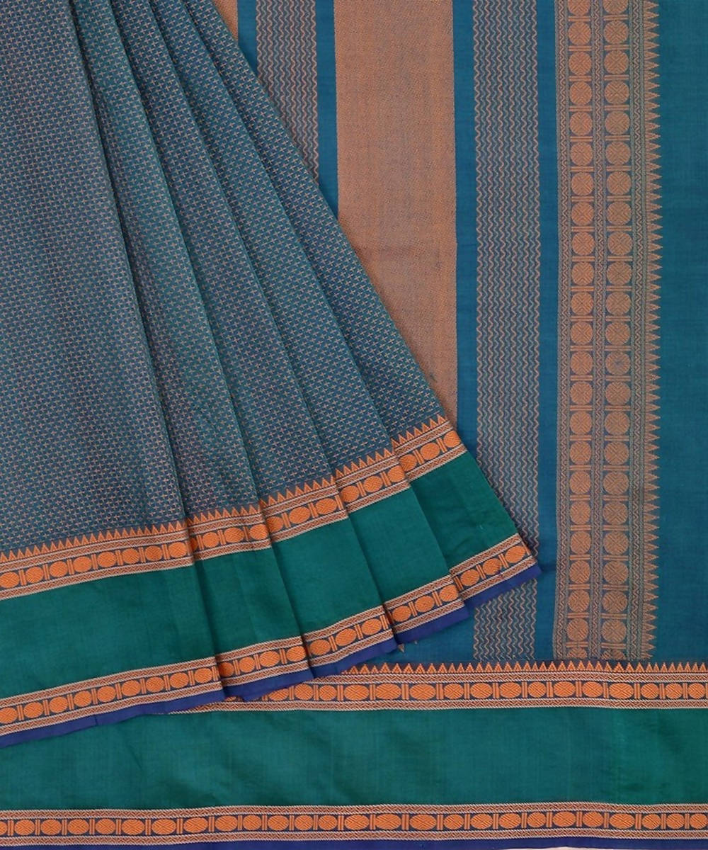 Peacock blue kanchi silkcotton saree with plus butta rudraksha border