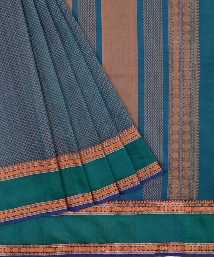 Peacock blue kanchi silkcotton saree with plus butta rudraksha border