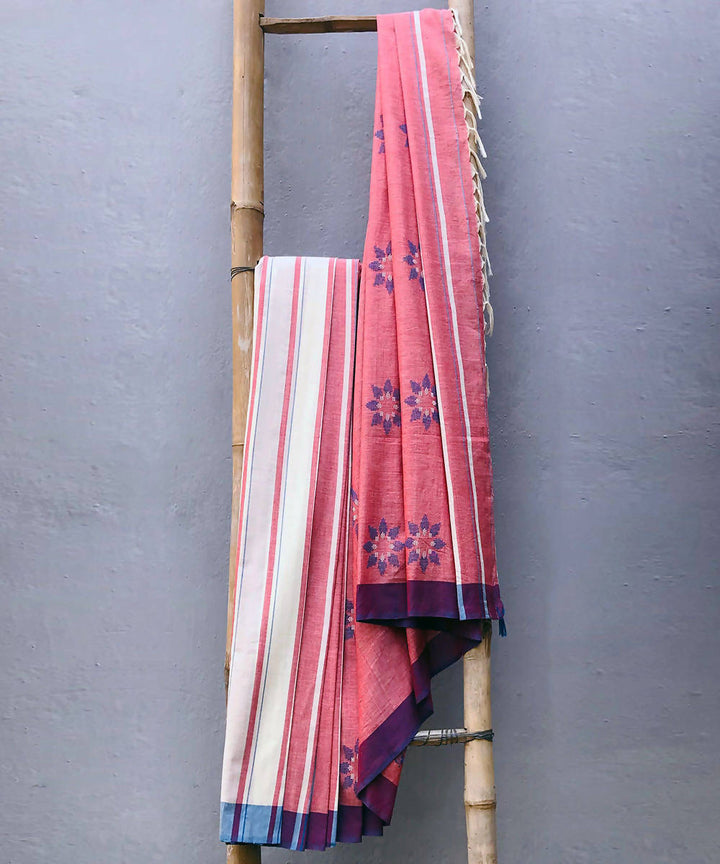Pink blue handwoven cotton baavanbuti saree