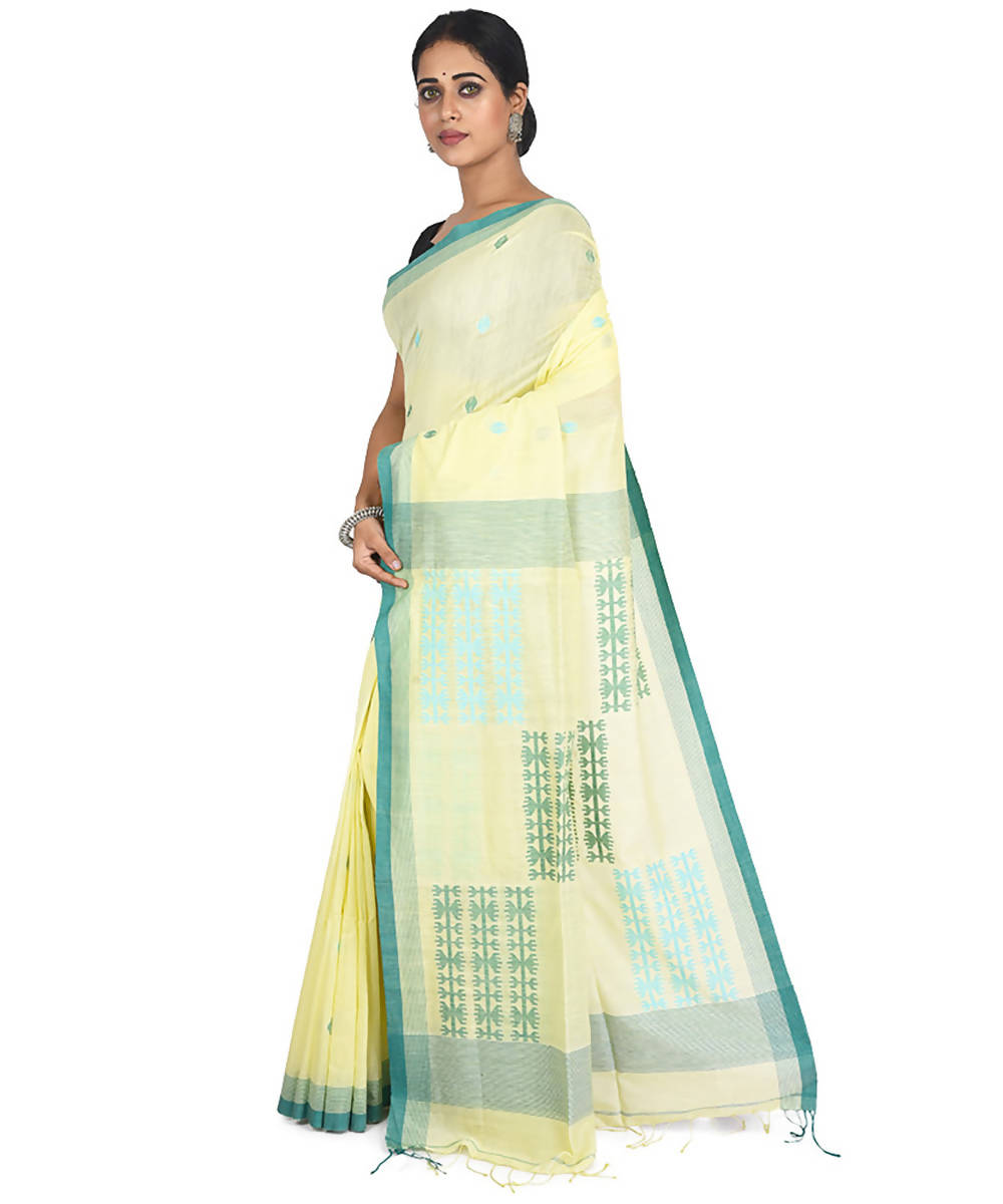Light yellow handwoven bengal cotton silk saree