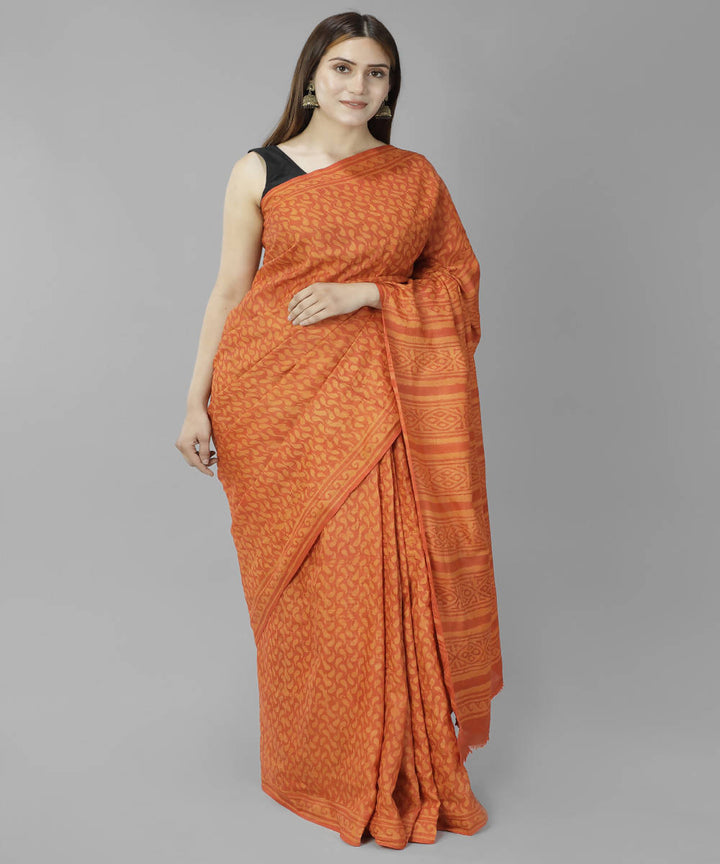 Orange bagru handblock printed tussar silk saree