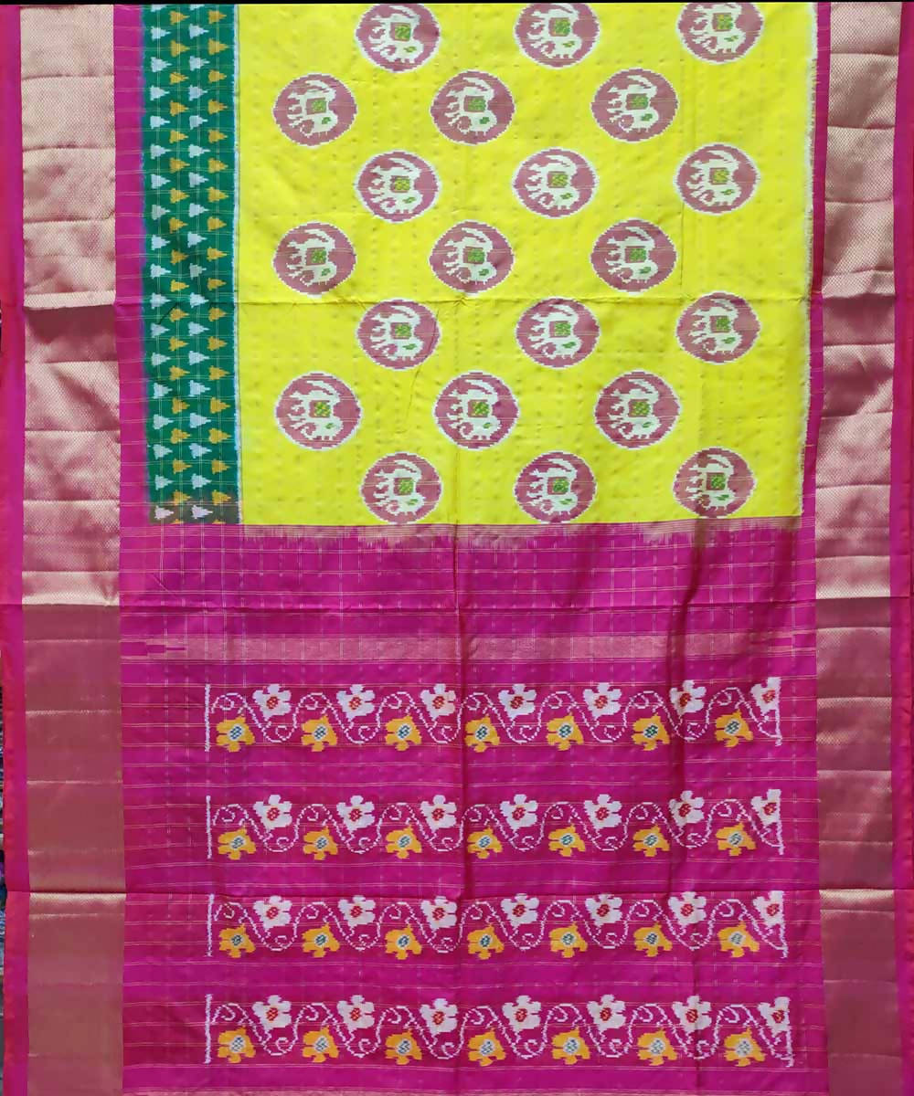Bitter lime yellow pink handloom silk pochampally ikat saree
