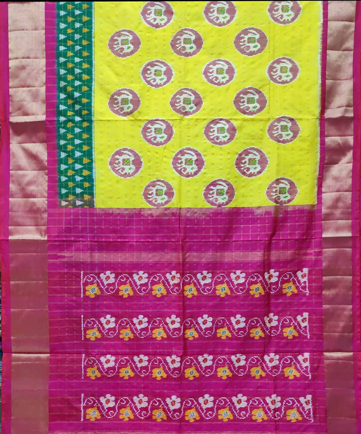 Bitter lime yellow pink handloom silk pochampally ikat saree