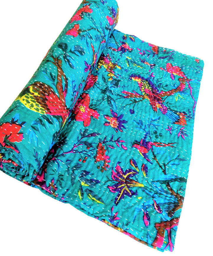 Turquoise kantha work double layered cotton bedcover (Double Bed)