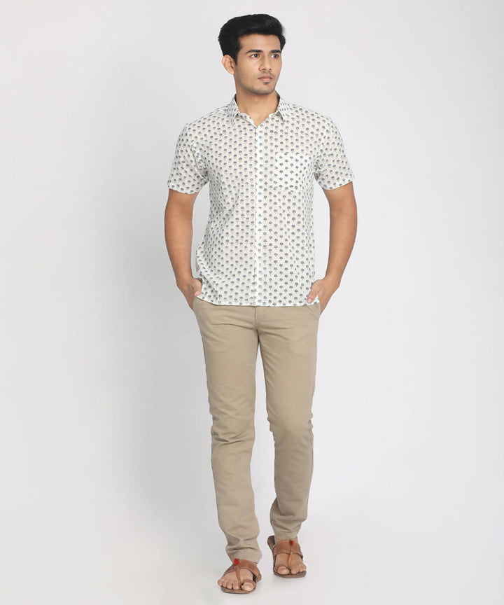 Handloom white cotton half sleeves printed shirt