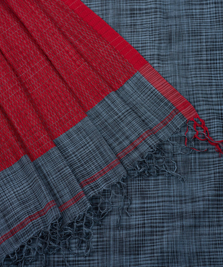 Handwoven dark grey red cotton tie dye fulia saree