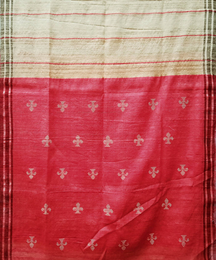 Red beige handwoven extra weft cotton silk saree