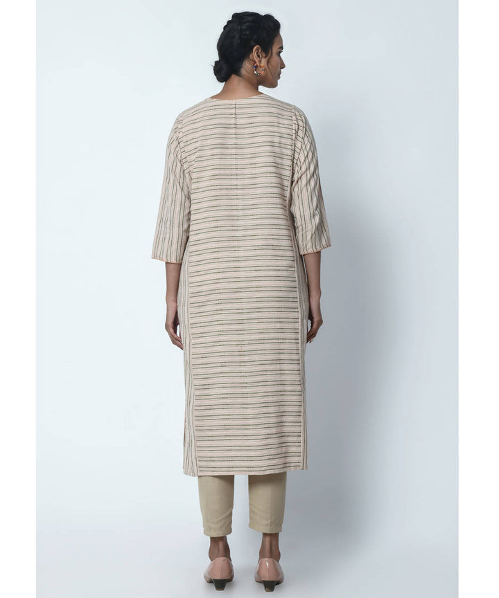 Beige Stripe Hand Embroidered Cotton Kurta