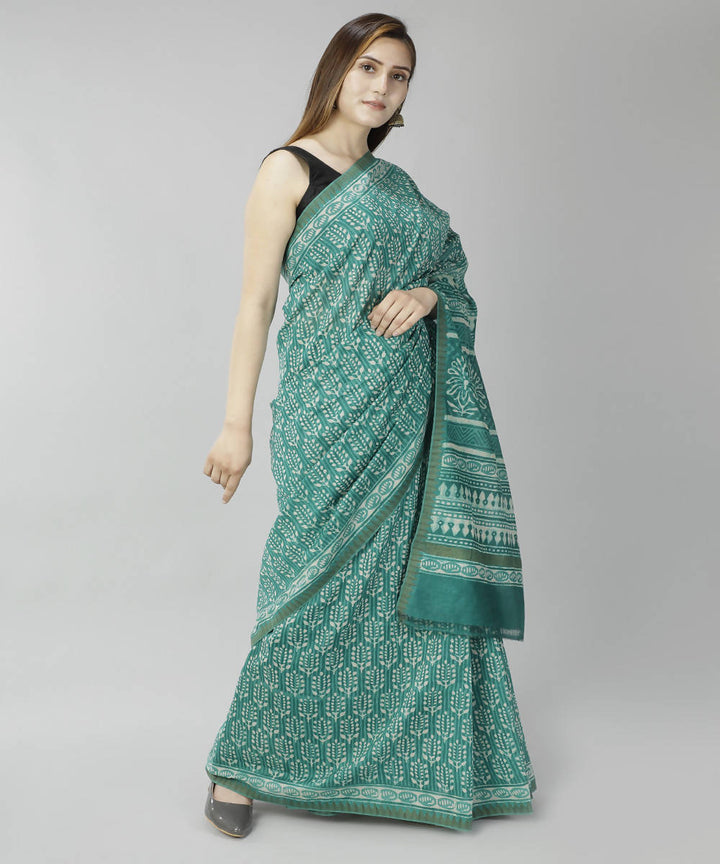 Teal green bagru handblock printed cotton silk saree