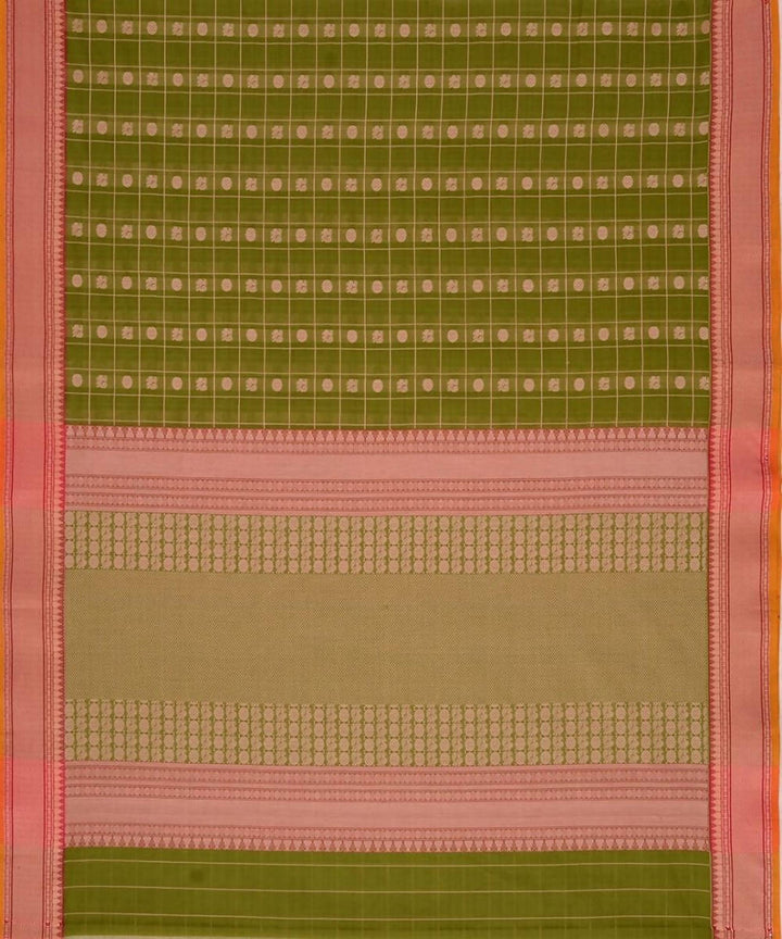 Olive green handloom kanchi cotton saree with mayil chakram checks