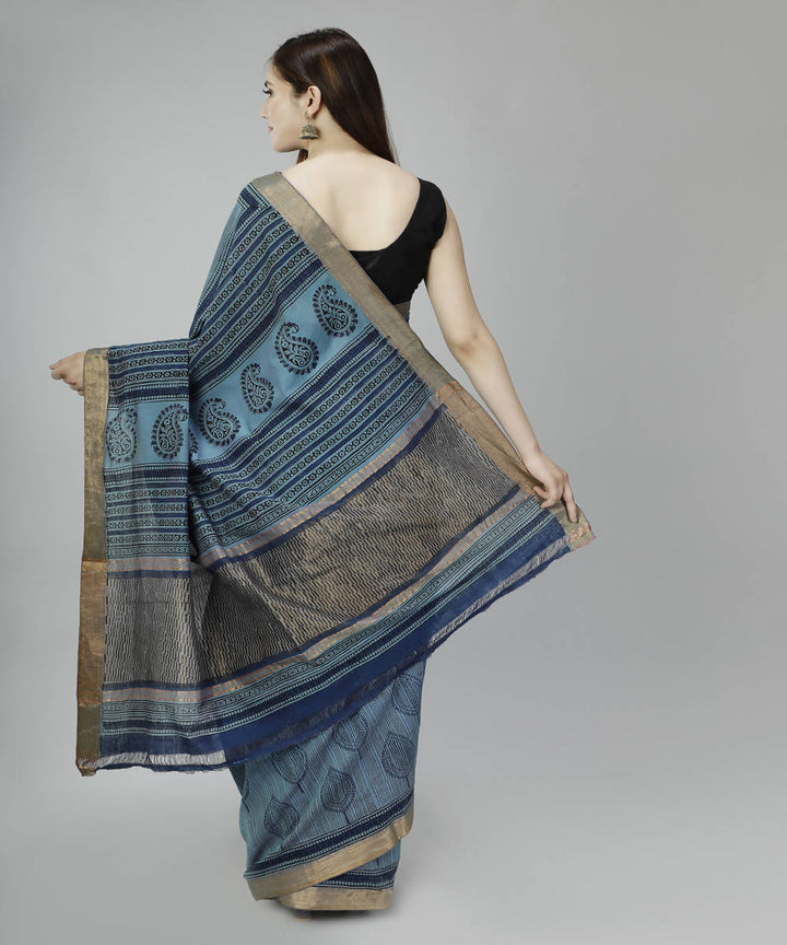 Blue grey bagru handblock printed cotton saree