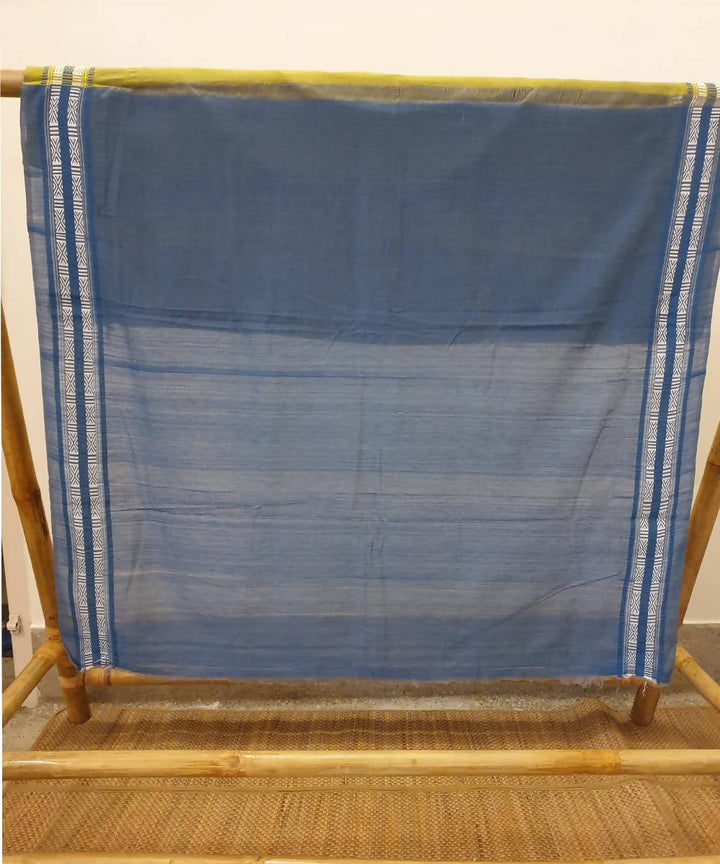 Olive green blue handwoven bodo motif cotton assam saree