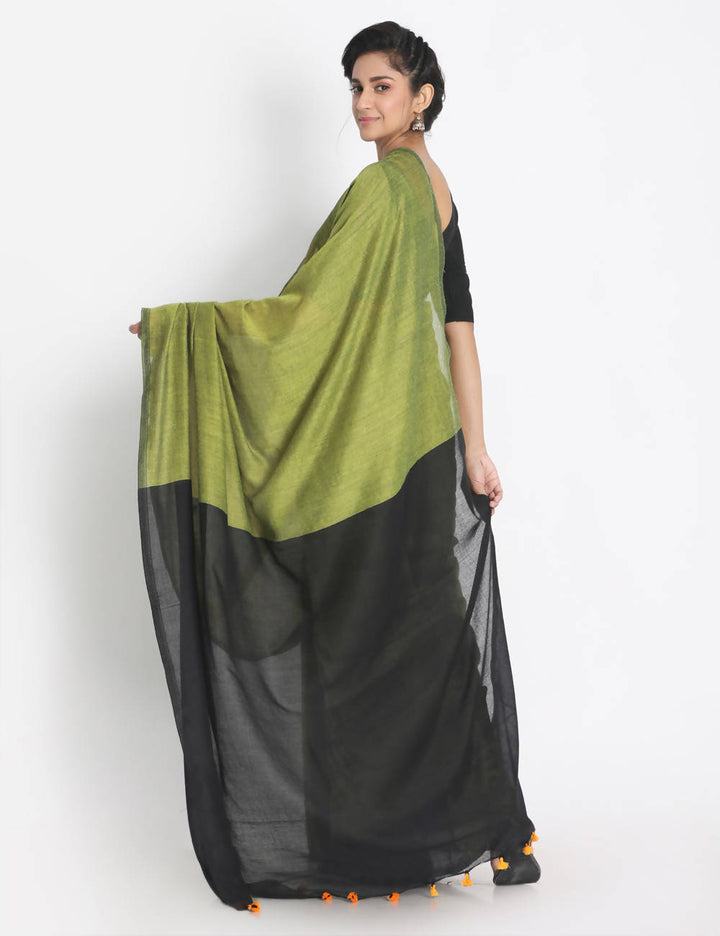 Light lime handspun handwoven cotton saree