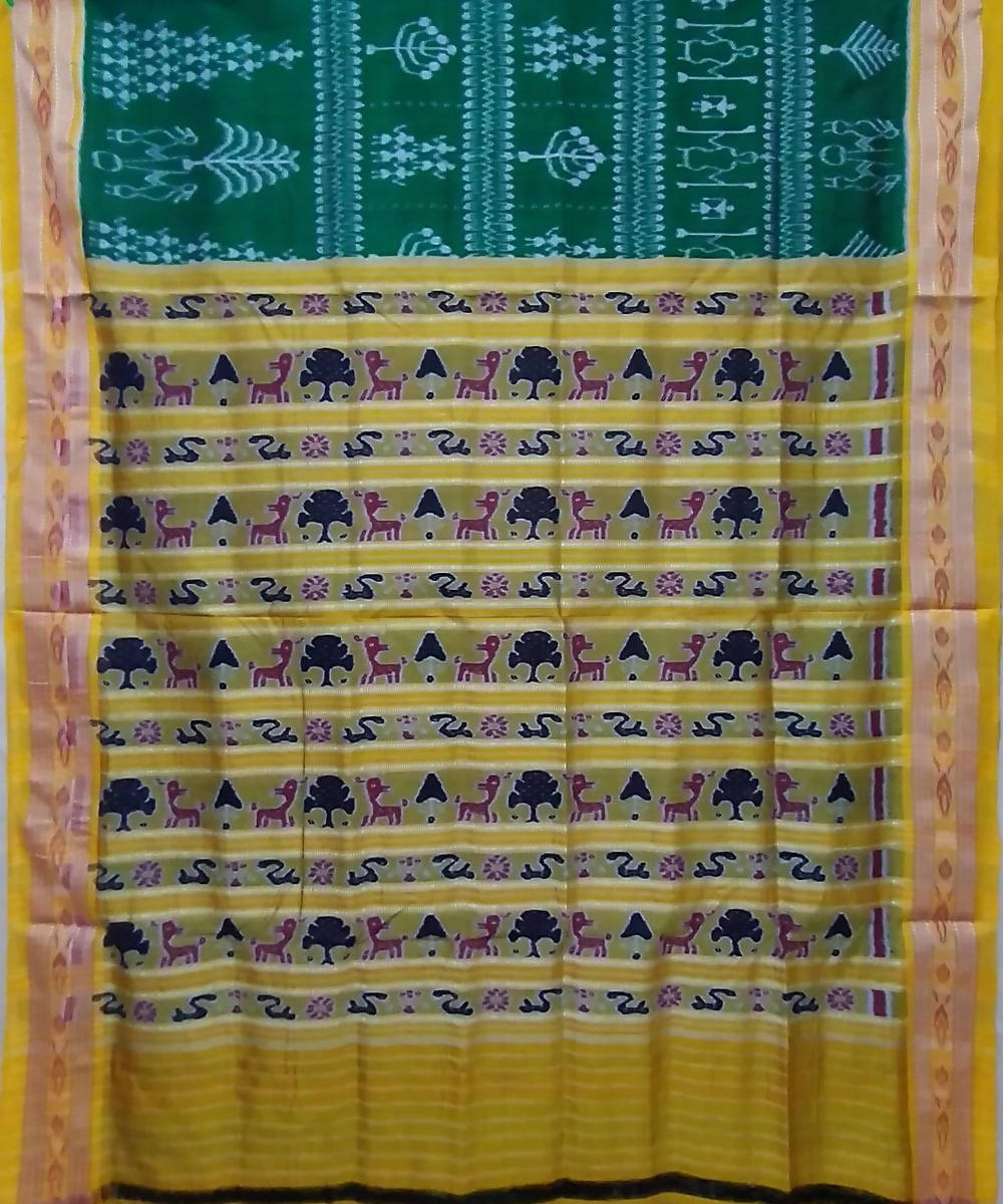 Dark green yellow handwoven silk khandua saree