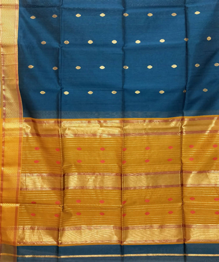 Dark cerulean blue golden handwoven cotton silk maheshwari saree