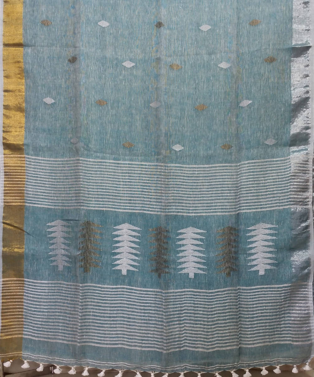 light Aqua Handwoven Linen Jamdani Saree