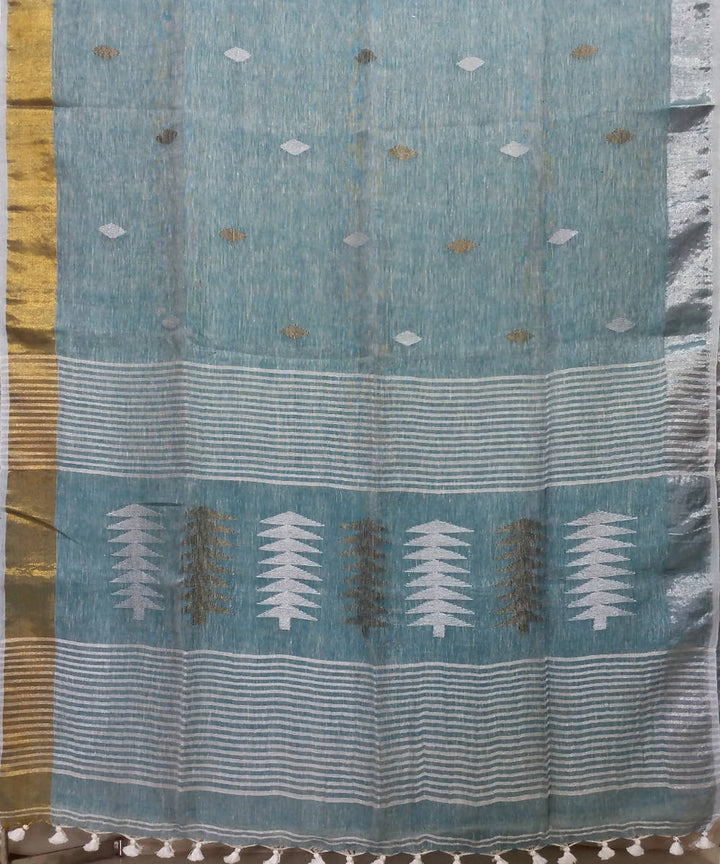 light Aqua Handwoven Linen Jamdani Saree
