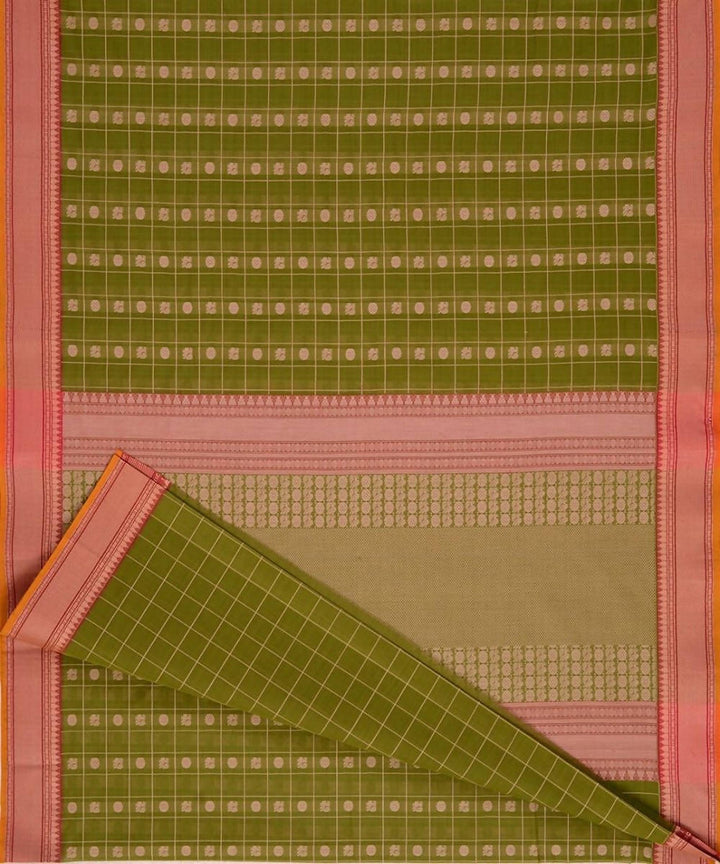 Olive green handloom kanchi cotton saree with mayil chakram checks