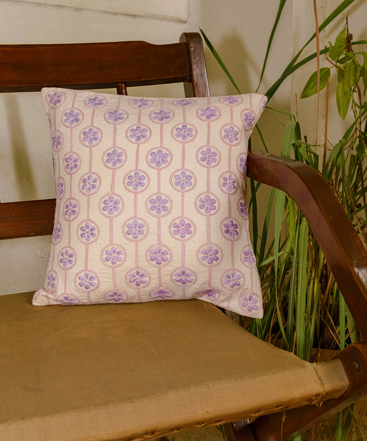 Off white handcrafted floral chikankari cotton cushion cover