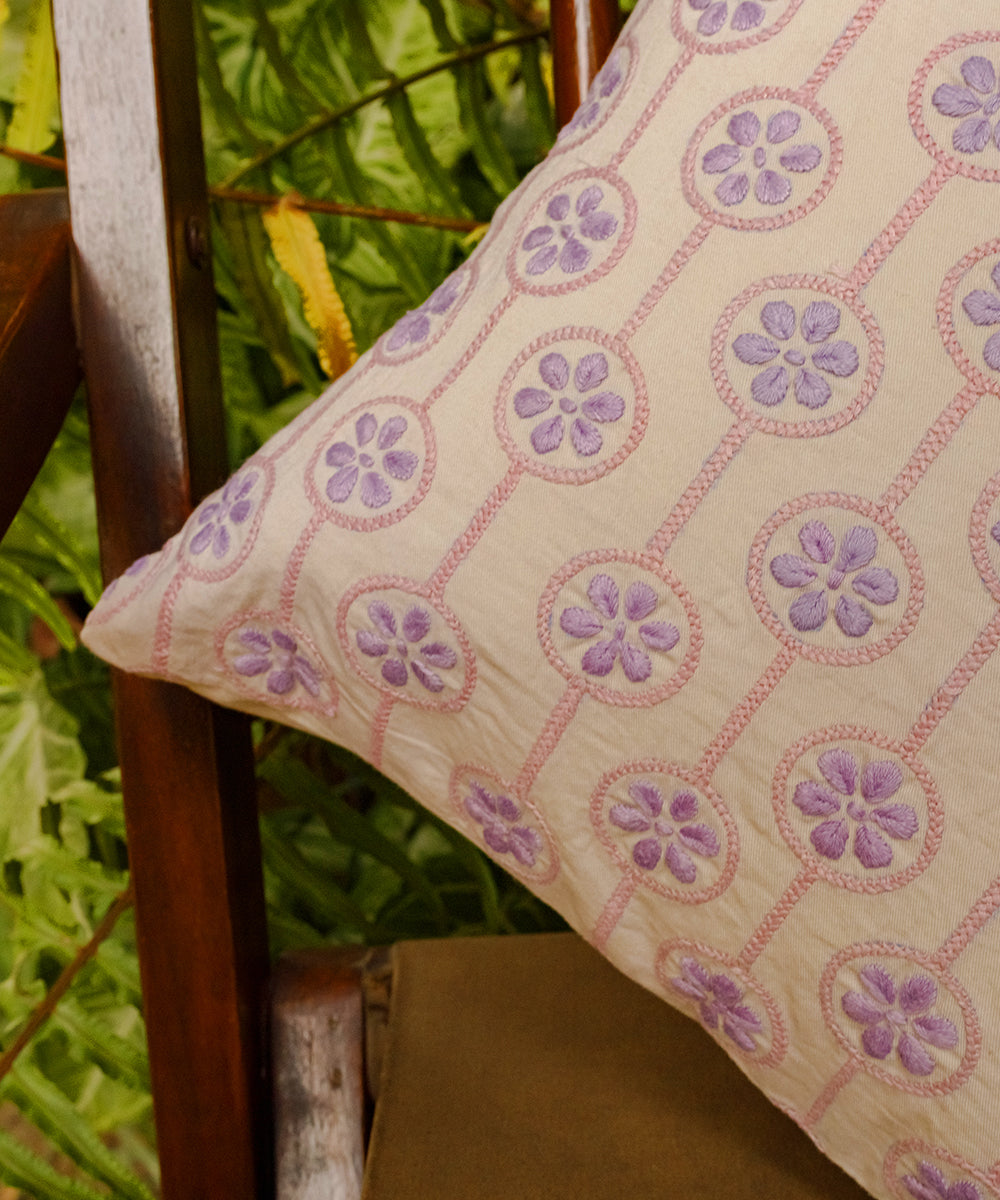 Off white handcrafted floral chikankari cotton cushion cover