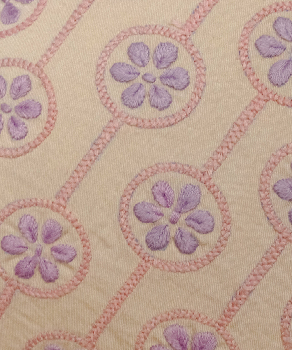 Off white handcrafted floral chikankari cotton cushion cover