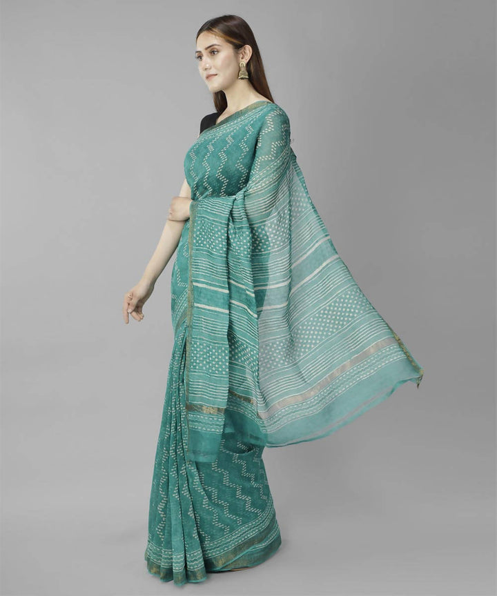 Teal green bagru handblock printed linen saree