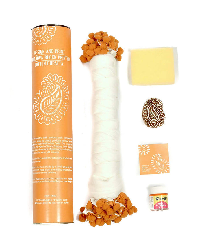 Handmade Wooden Paisley Block Print DIY Craft Kit Dupatta (Orange)
