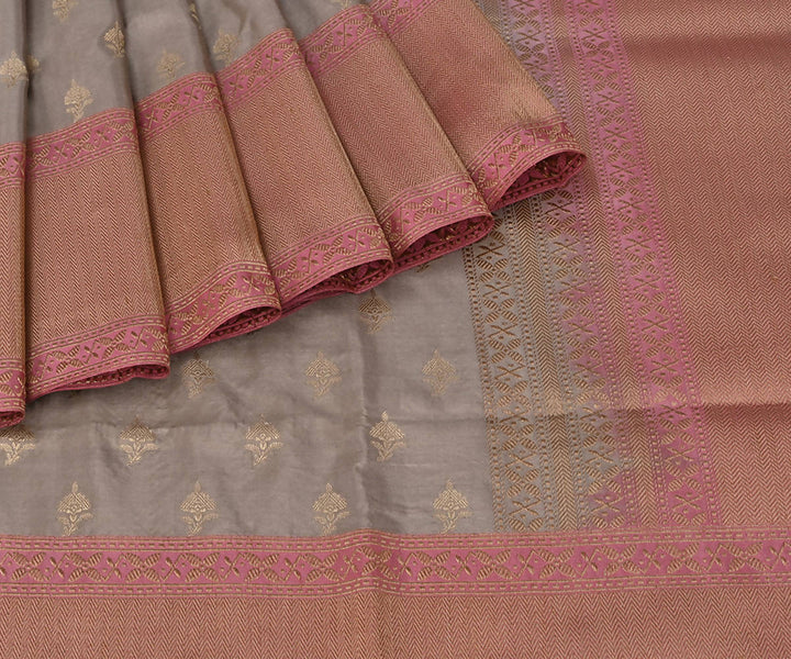 Grey handwoven katan silk pure banarasi saree with pure zari work