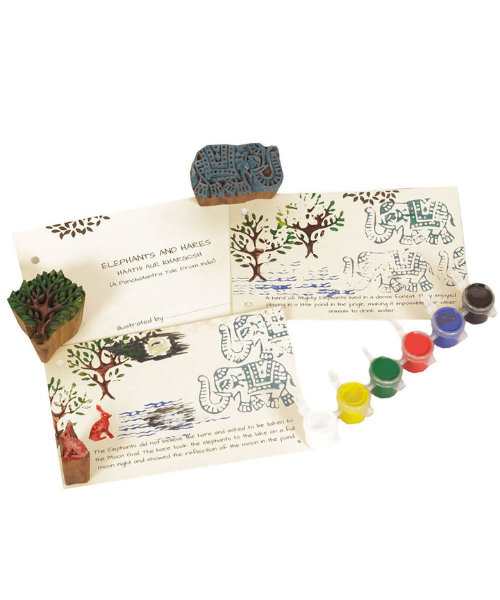 Wood Block Print DIY Craft Kit Panchatantra Story(Elephant and Hares)