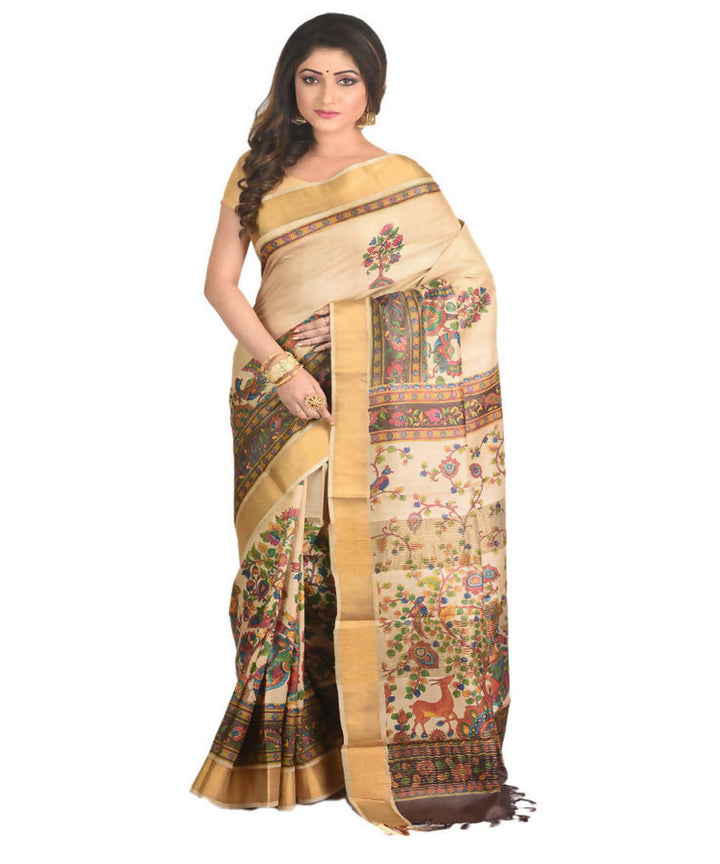 Tasar Natural Color hand block print handwoven mulberry and tussar silk saree