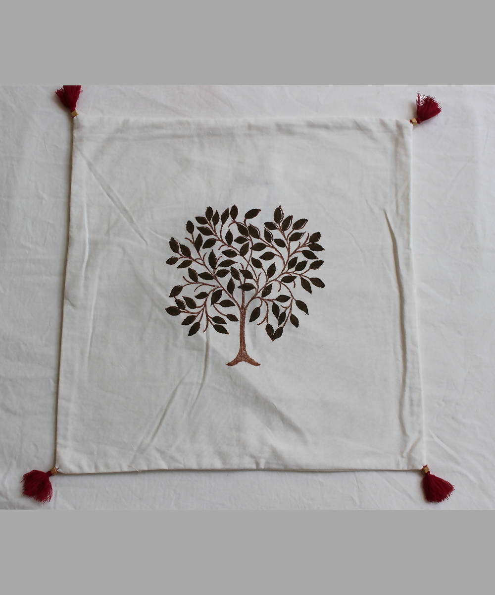 Handblock printed beige ivory cotton cushion cover