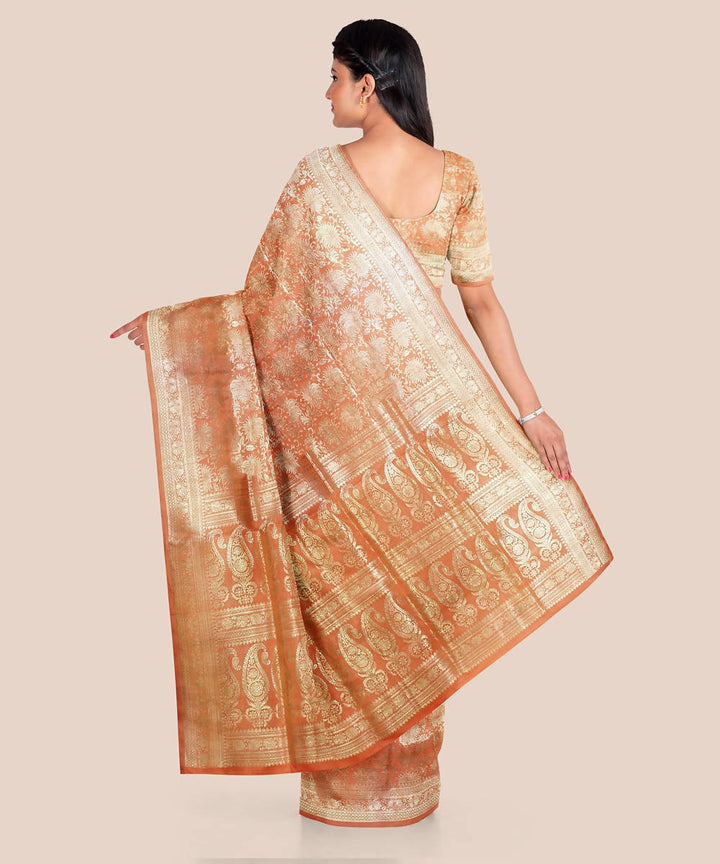 Light orange handloom silk katan banarasi saree