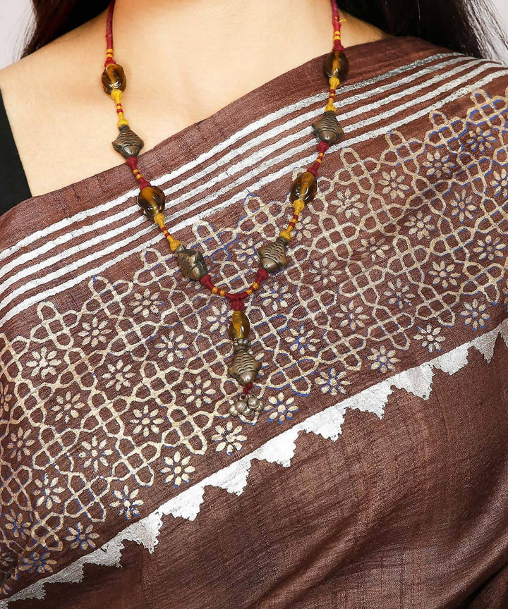 Kiara crafts brown handwoven handblock print tussar silk saree