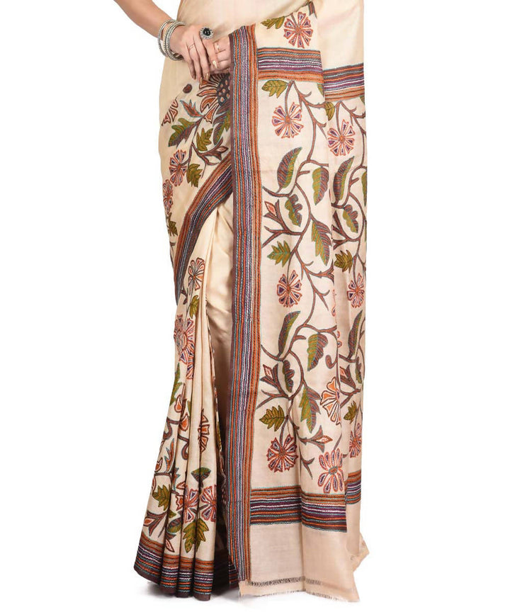 Cream exclusive bengal tasar saree with hand embroidery work