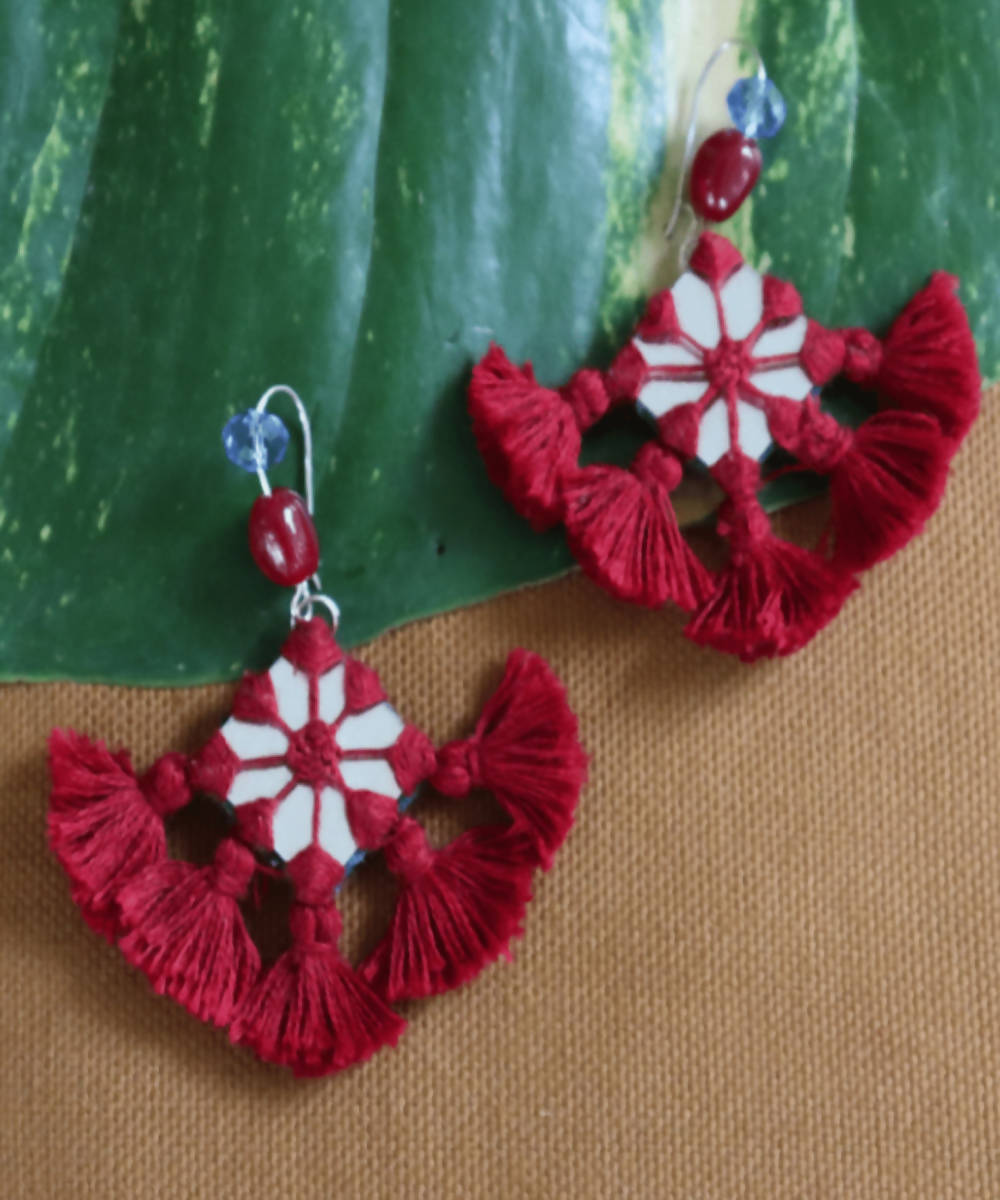 Red handmade cotton and mirror with crystel earring