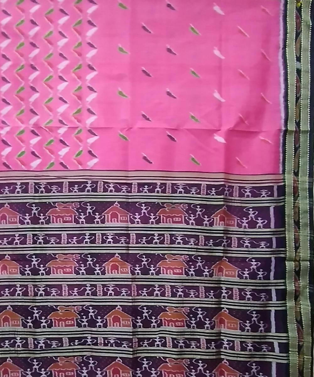 Light pink black handwoven silk khandua saree